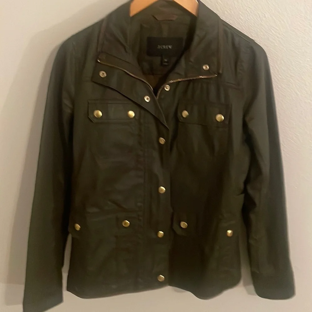 J. CREW Downtown Jacket Green Size XS Moto Party Date Night Utility Gold Buttons